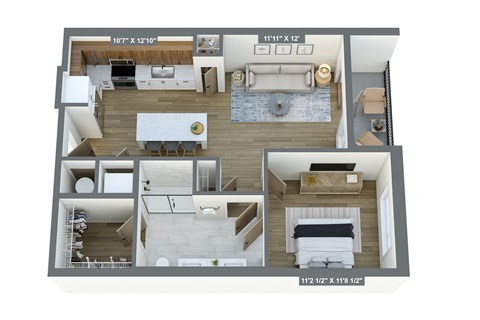 a 3d floor plan of a home with a bedroom and a living room